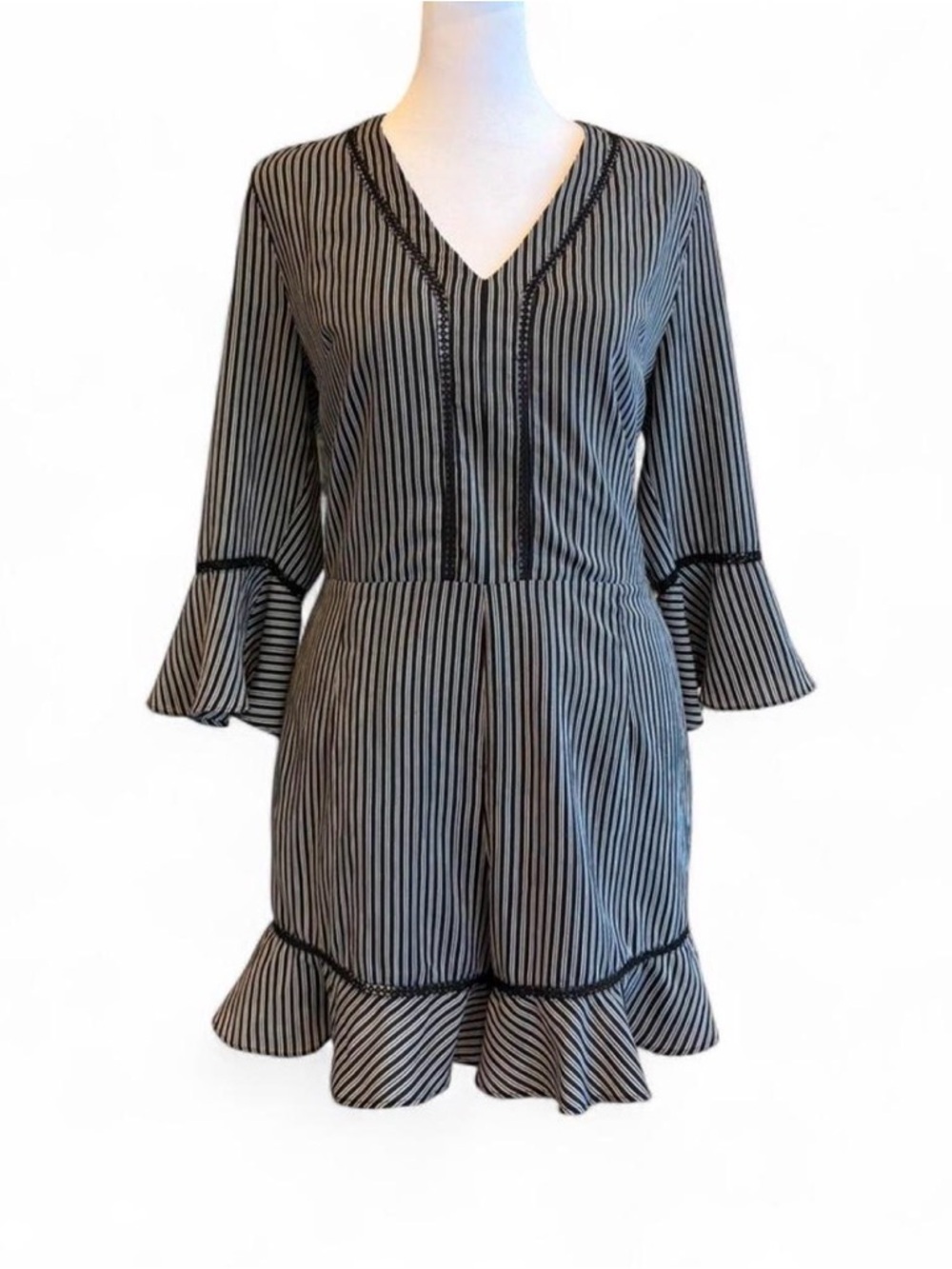 J.O.A. Black & White Vertical Stripe V-Neck Ruffle Romper